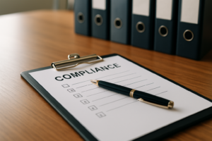 Blank compliance audit checklist on a clipboard at a business conference table with binders in the background