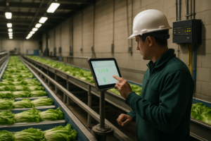 Inside a Salinas Valley packing shed with conveyor lines running and a network switch panel visible on the wall
