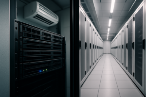 On-premise server rack next to a hosted data center corridor representing the private cloud vs on-premise infrastructure decision