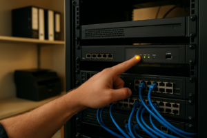 Technician checking network security appliance in a small business server room in Monterey County