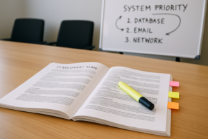 Printed IT document open on a conference table with tabbed sections and a whiteboard showing system priorities