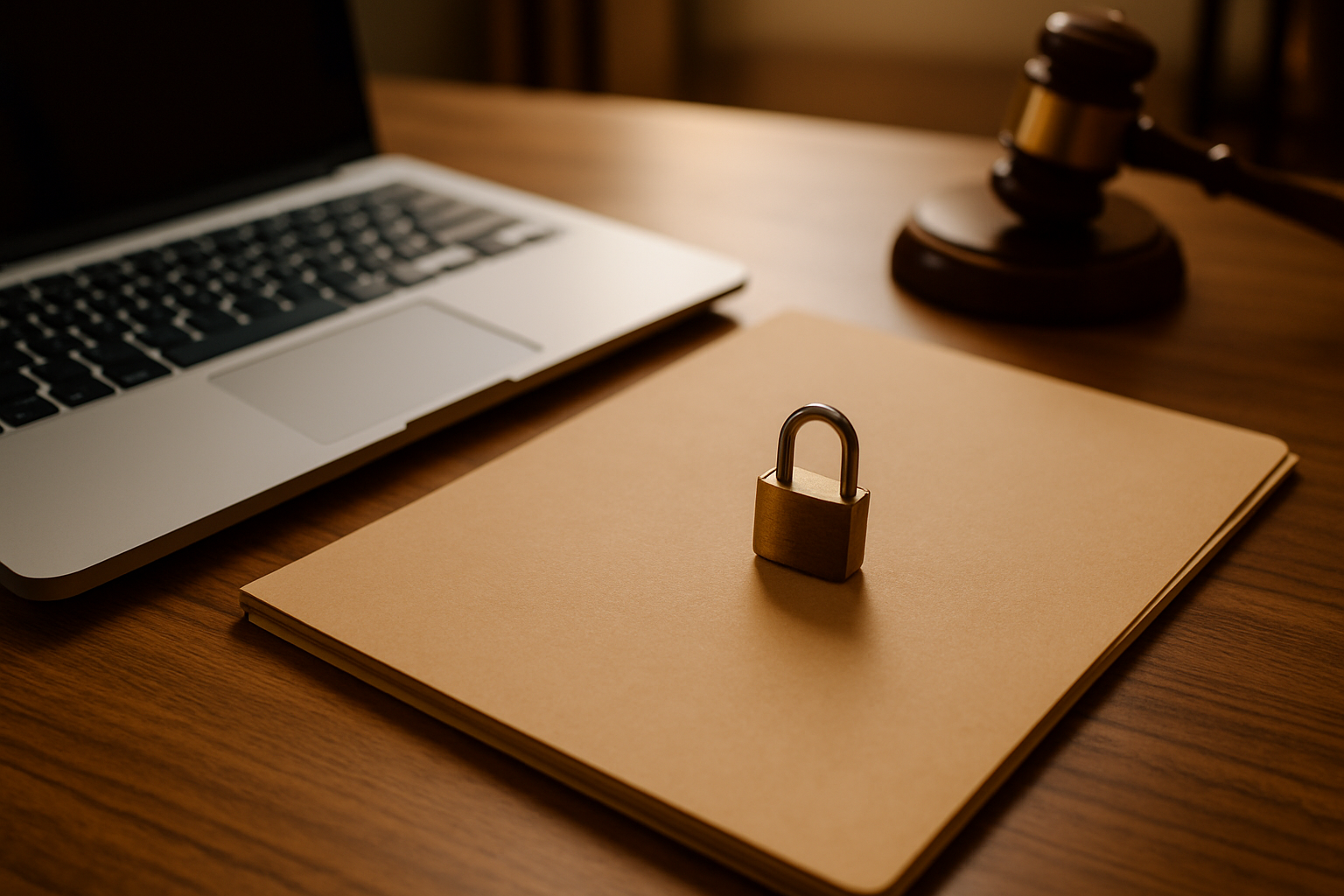 Legal folder with a padlock on a law office desk representing IT security considerations for law firms in Salinas.