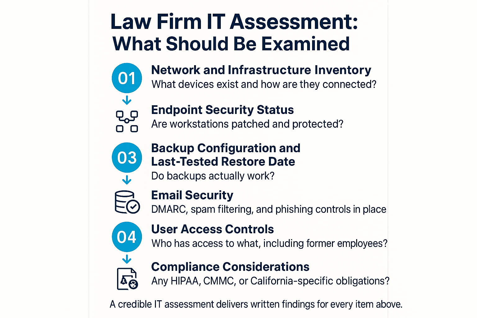 Infographic listing six areas a law firm IT assessment should cover, from network inventory to compliance review.