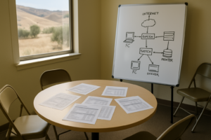 Small nonprofit office with grant budget documents and handwritten network diagram on a whiteboard