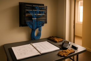 Open server rack in a small business IT closet with a network diagram binder and asset list on a work table