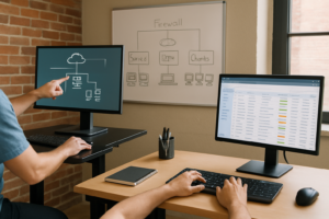 Two IT professionals working side by side at adjacent workstations reviewing a network diagram and support ticket queue