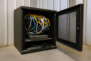 Open network cabinet with tangled unlabeled cables in a small business back office