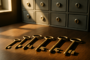 Row of brass keys on a desk in front of locked office cabinets, representing file access permissions