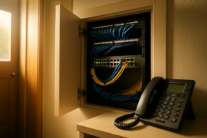 Open network rack with a managed switch and patch panel beside a business desk phone in a small office closet
