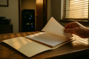 Open client file folder on a desk with a small server rack glowing in a back office doorway