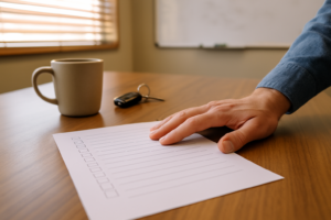 Blank printed office policy page on a conference table in a small business break room
